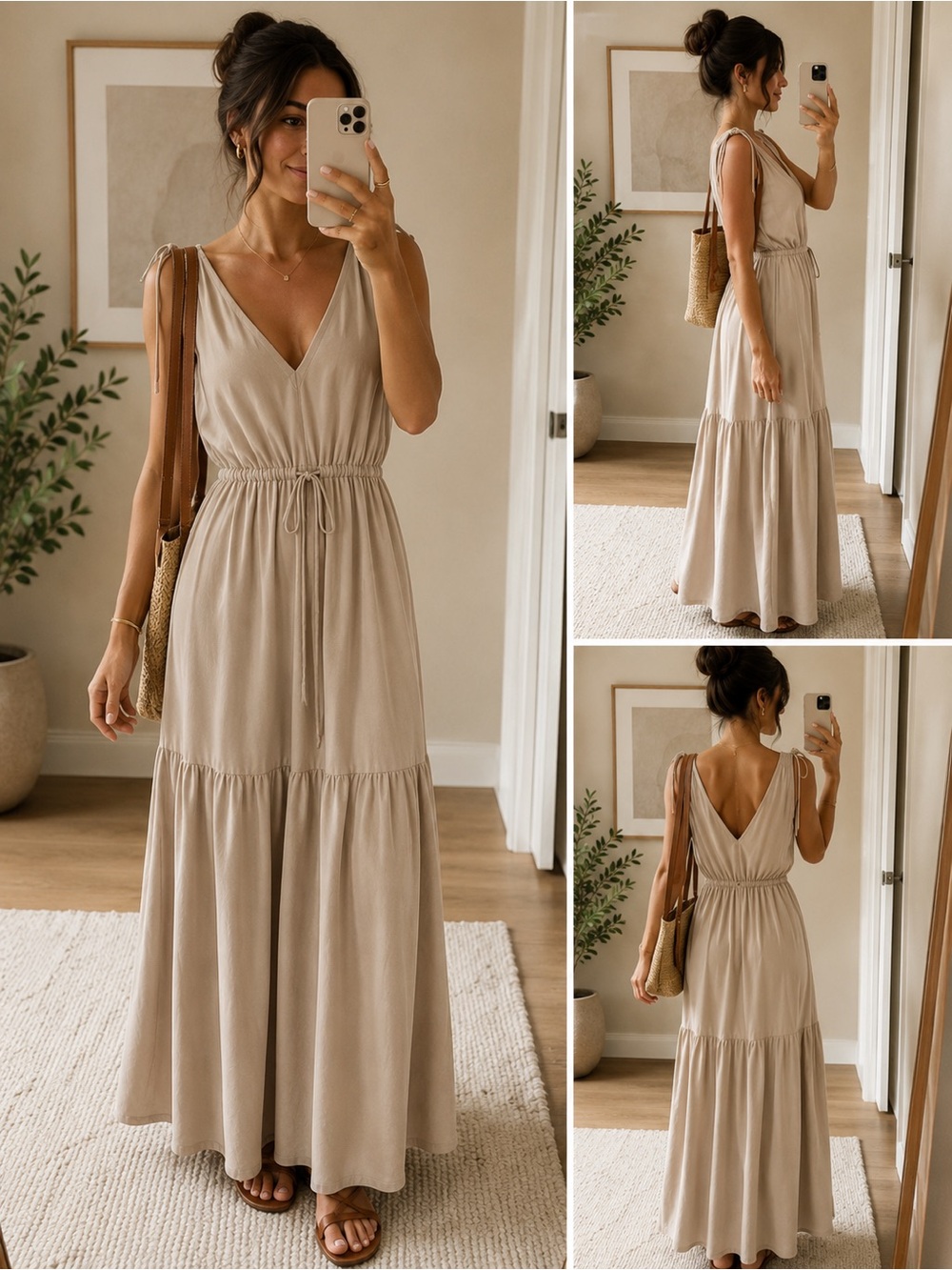 MSRP $139 NEW Calvin Klein Beige V-Neck Tie-Waist Maxi Dress
